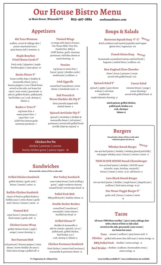 Winooski Dine-In/Takeout Menu - Our House Bistro