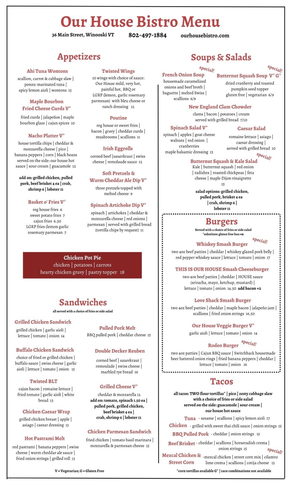 Winooski Dine-in Takeout Menu - Our House Bistro